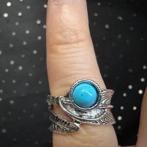 Synthetic Turquoise Ring Size 5, Silver Tone Feather Wrap Ring